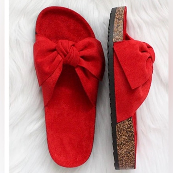 🍒 Vegan Suede BOW Slides 🍒 ***RED ONLY*** - Picture 1 of 6